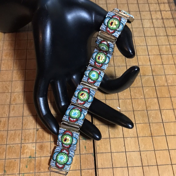 ANTIQUE MICRO MOSAIC 7.25”L Bracelet 5/8”W Blue White Red Green Italy - Picture 4 of 9